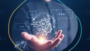 Hand holding a glowing globe with AI symbols and digital circuit background.